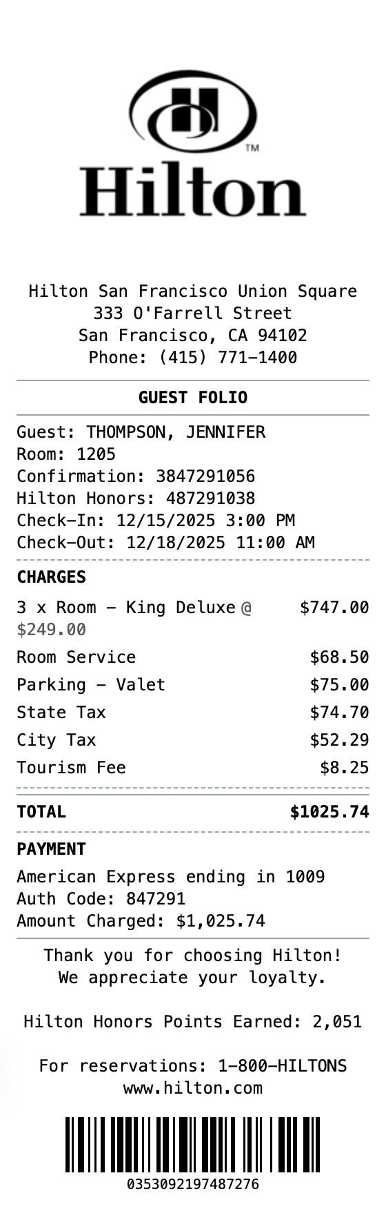 Hilton Receipt receipt example showing hilton format with itemized list, totals, and payment details