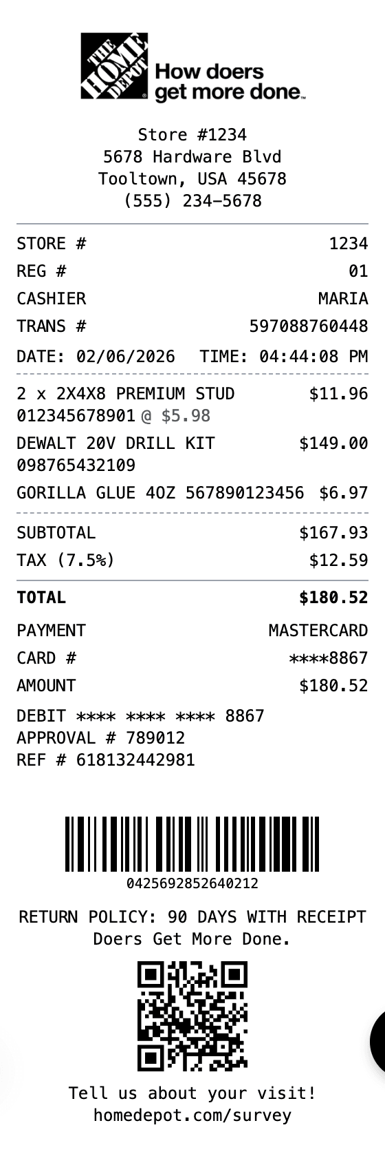 Home Depot Receipt