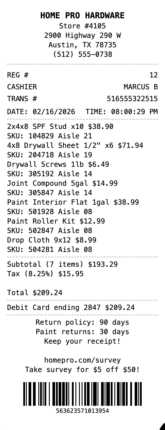 Home Improvement Receipt receipt example showing home-improvement format with itemized list, totals, and payment details