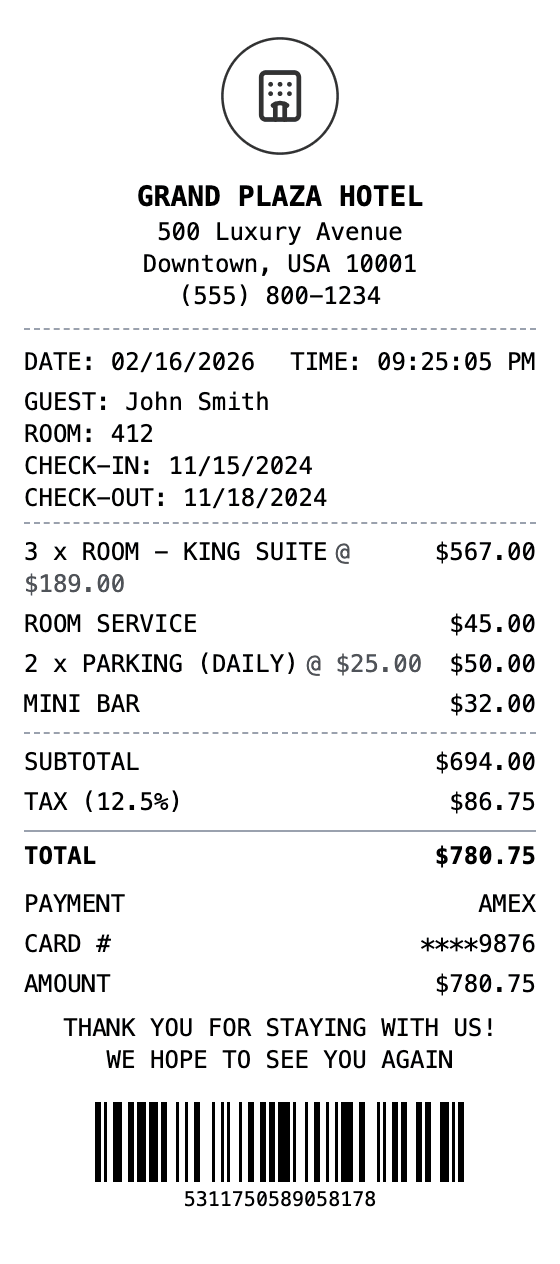 Hotel Receipt receipt example showing hotel format with itemized list, totals, and payment details