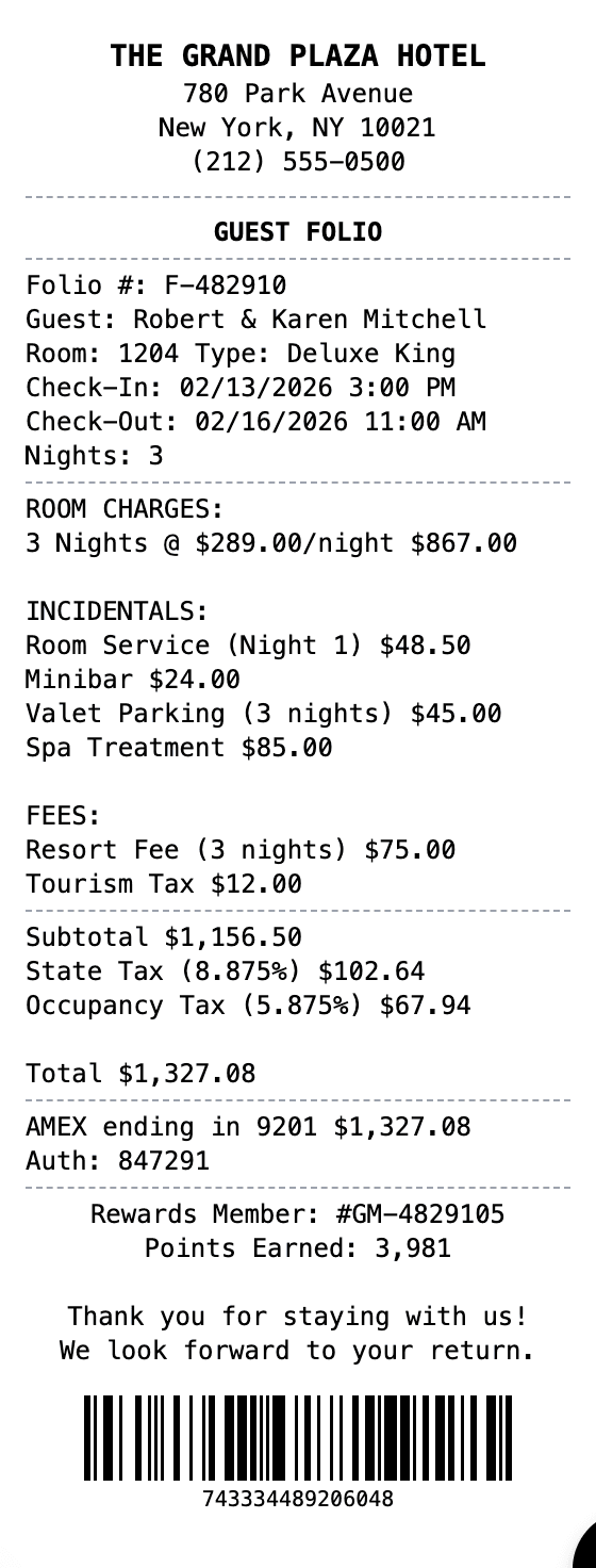 Hotel Stay Receipt receipt example showing hotel-stay format with itemized list, totals, and payment details