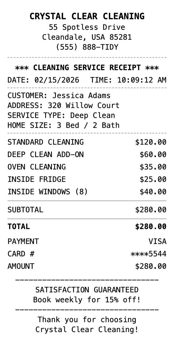 House Cleaning Receipt receipt example showing house-cleaning format with itemized list, totals, and payment details