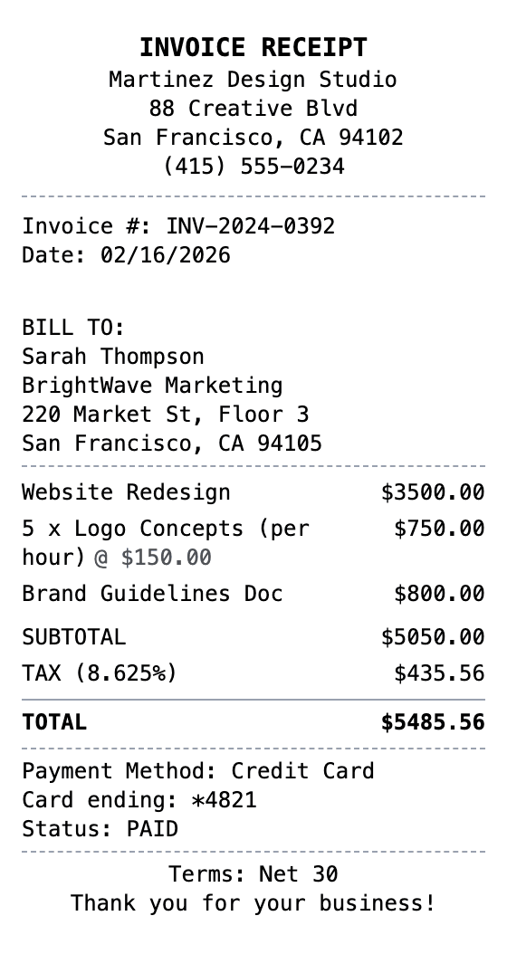 Invoice Receipt receipt example showing invoice format with itemized list, totals, and payment details