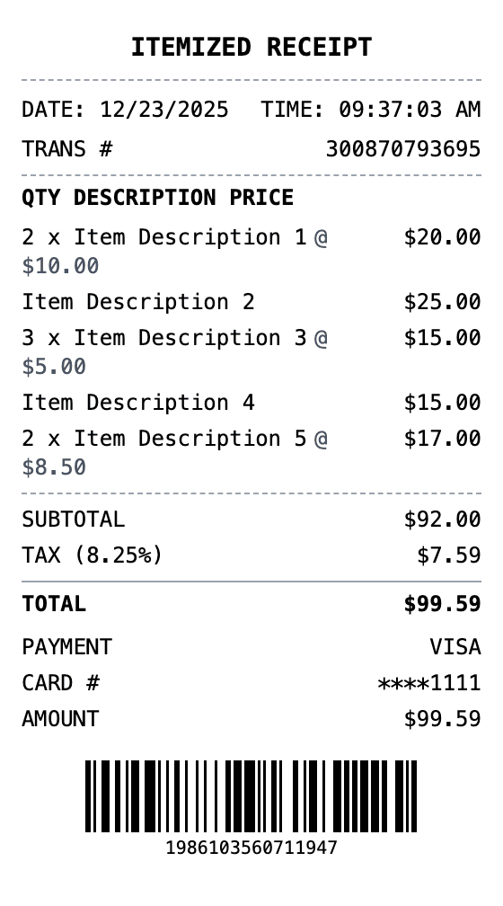 Itemized Receipt receipt example showing itemized format with itemized list, totals, and payment details