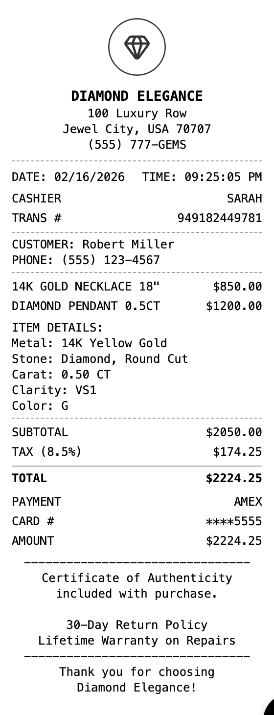 Jewelry Receipt receipt example showing jewelry format with itemized list, totals, and payment details