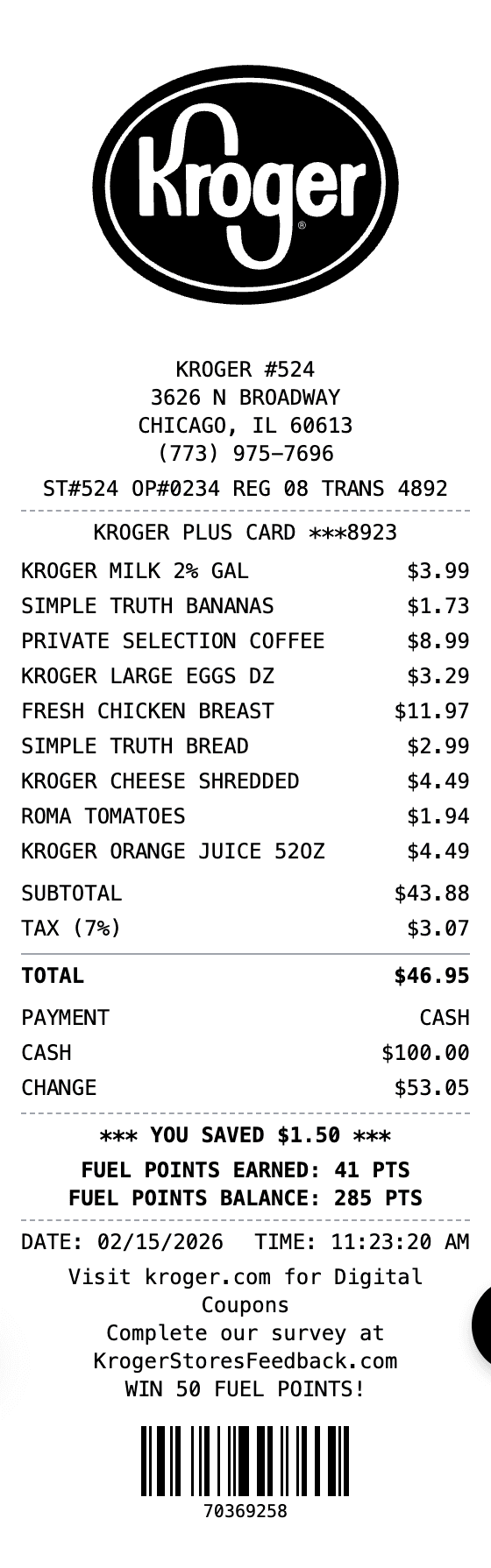 Kroger Receipt receipt example showing grocery format with itemized list, totals, and payment details