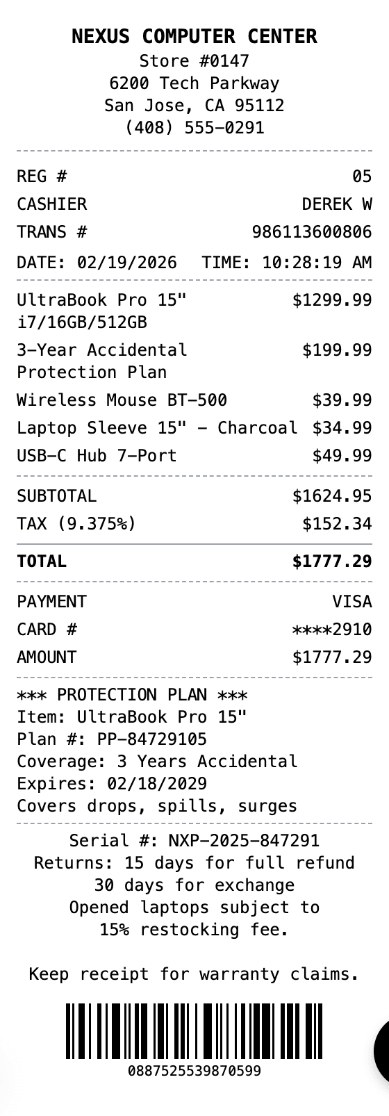 Laptop Receipt receipt example showing laptop format with itemized list, totals, and payment details