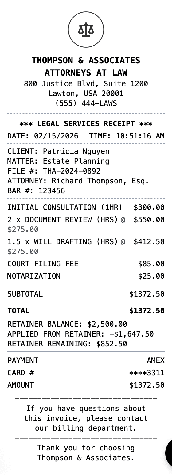 Lawyer Receipt receipt example showing lawyer format with itemized list, totals, and payment details
