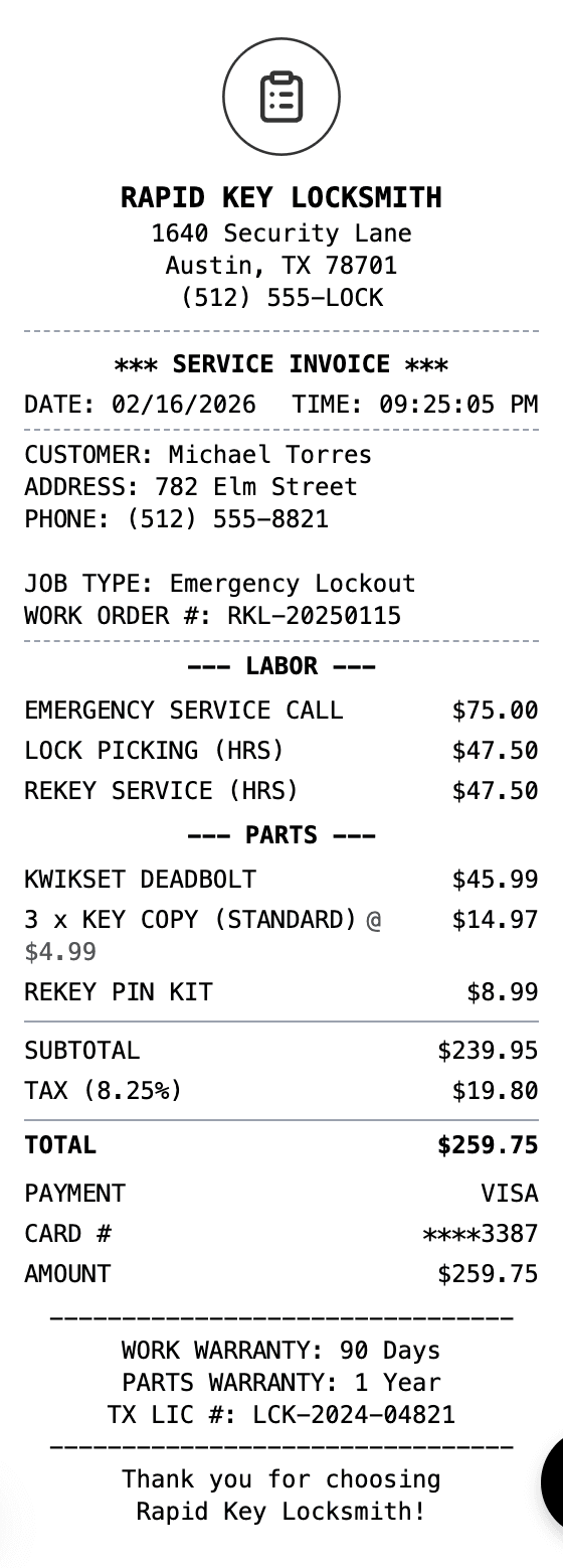 Locksmith Receipt receipt example showing locksmith format with itemized list, totals, and payment details