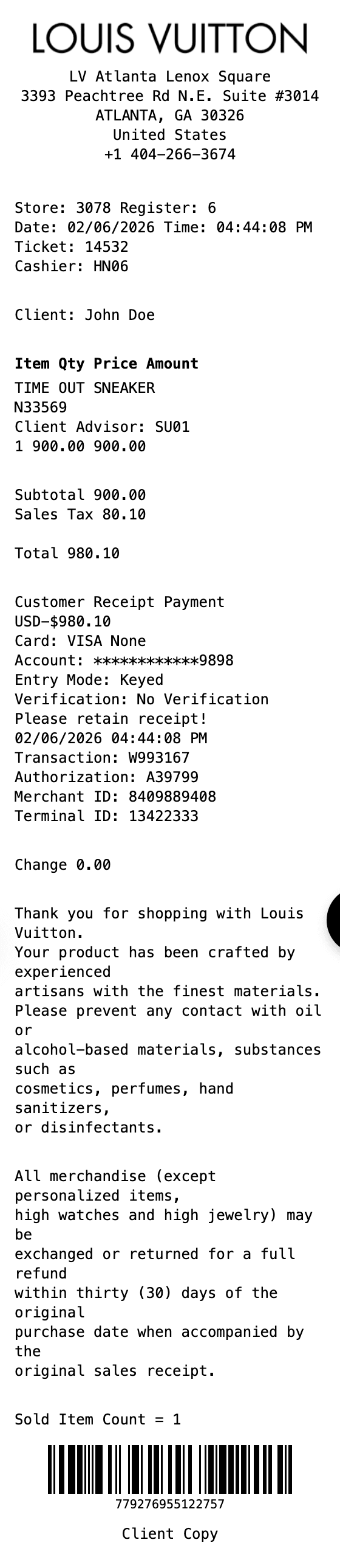Louis Vuitton Receipt receipt example showing louis-vuitton format with itemized list, totals, and payment details