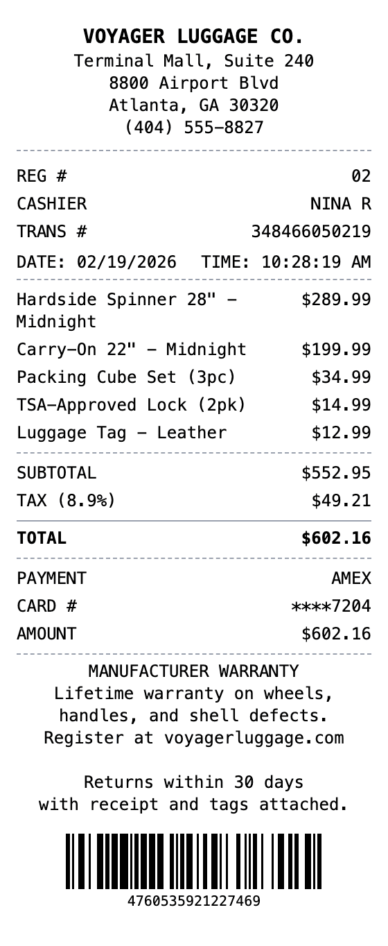 Luggage Receipt receipt example showing luggage format with itemized list, totals, and payment details