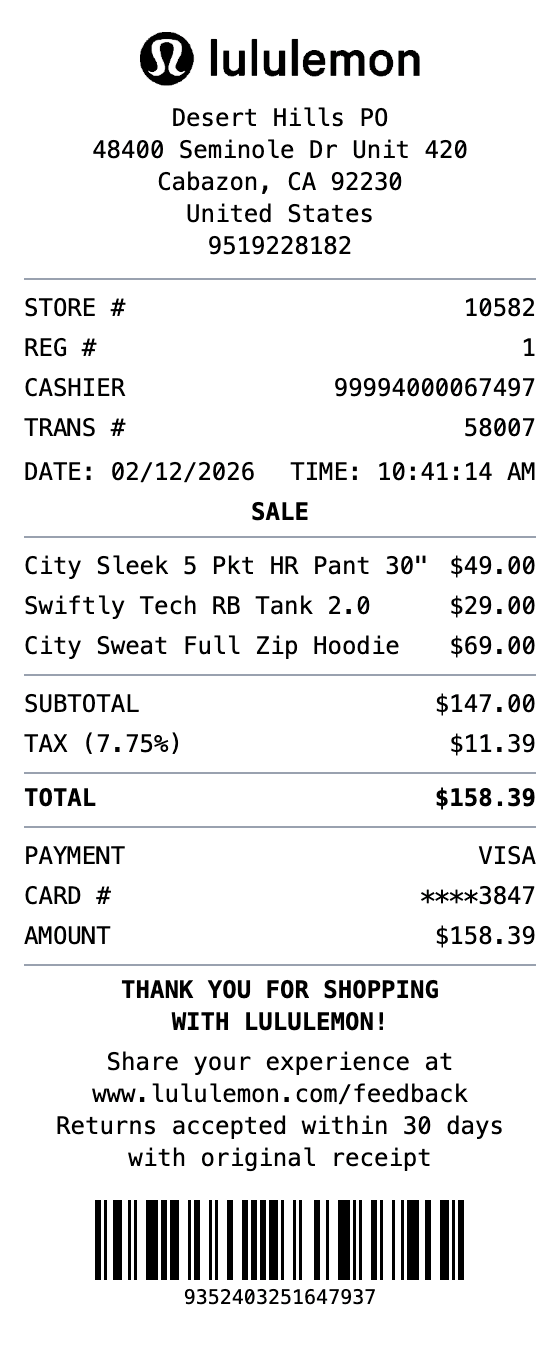 Lululemon Receipt receipt example showing lululemon format with itemized list, totals, and payment details