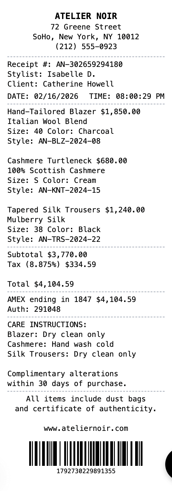 Luxury Boutique Receipt receipt example showing luxury-boutique format with itemized list, totals, and payment details