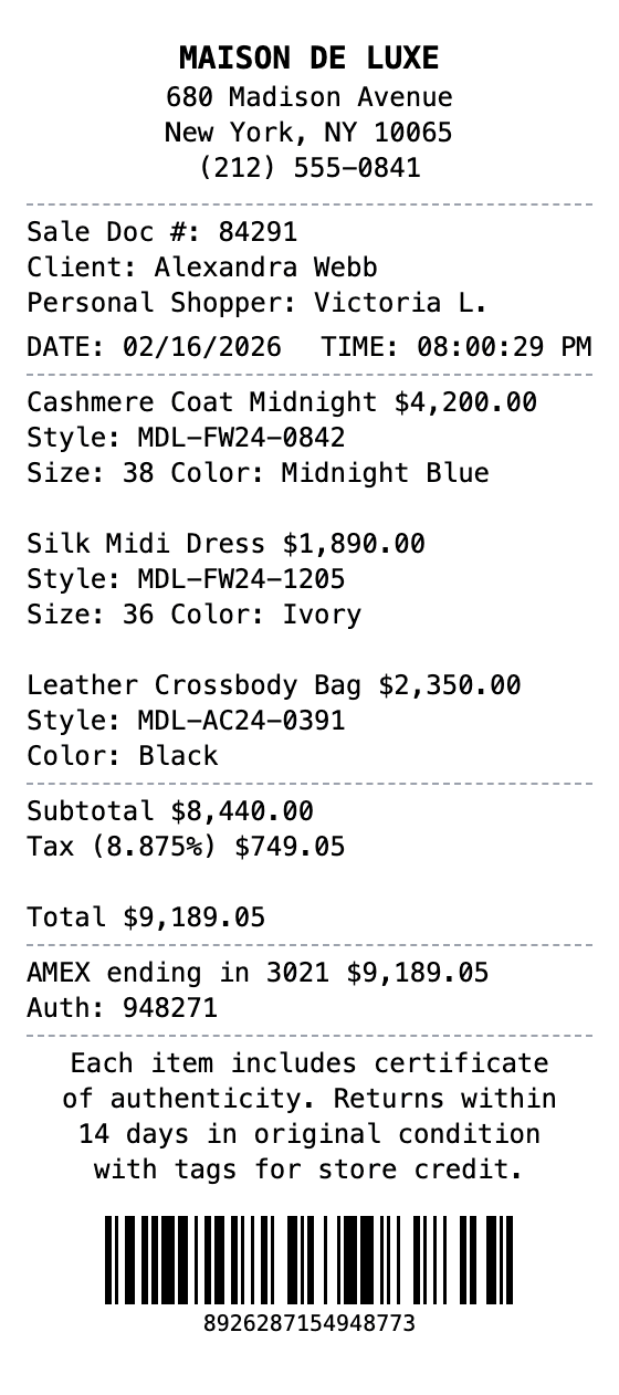 Luxury Fashion Receipt receipt example showing luxury-fashion format with itemized list, totals, and payment details
