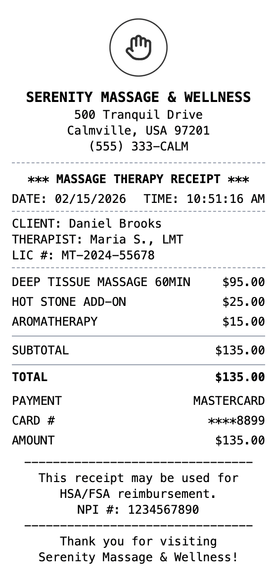Massage Therapy Receipt receipt example showing massage format with itemized list, totals, and payment details
