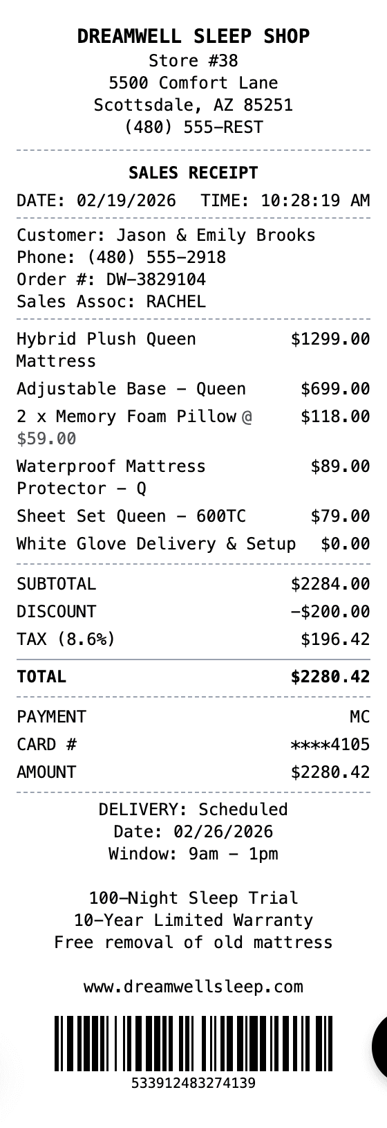Mattress Receipt receipt example showing mattress format with itemized list, totals, and payment details