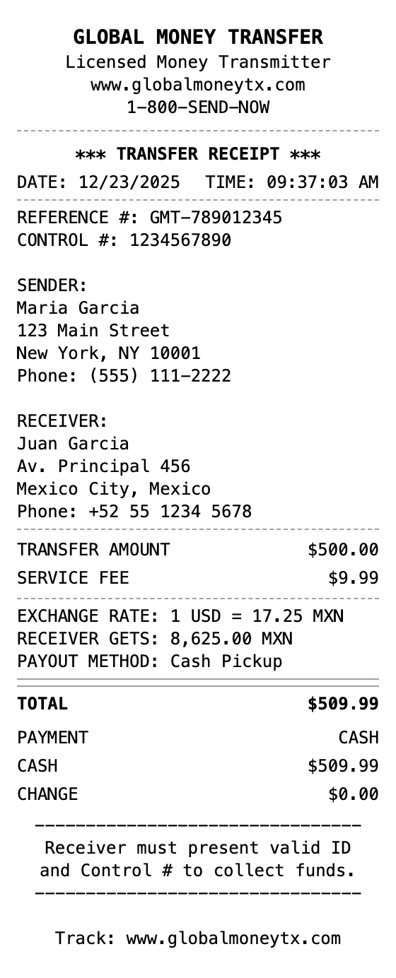 Money Transfer Receipt receipt example showing money-transfer format with itemized list, totals, and payment details