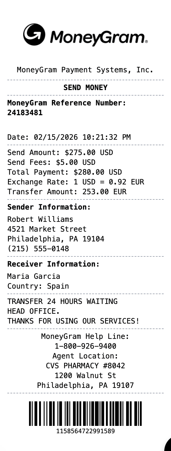 MoneyGram Receipt receipt example showing moneygram format with itemized list, totals, and payment details