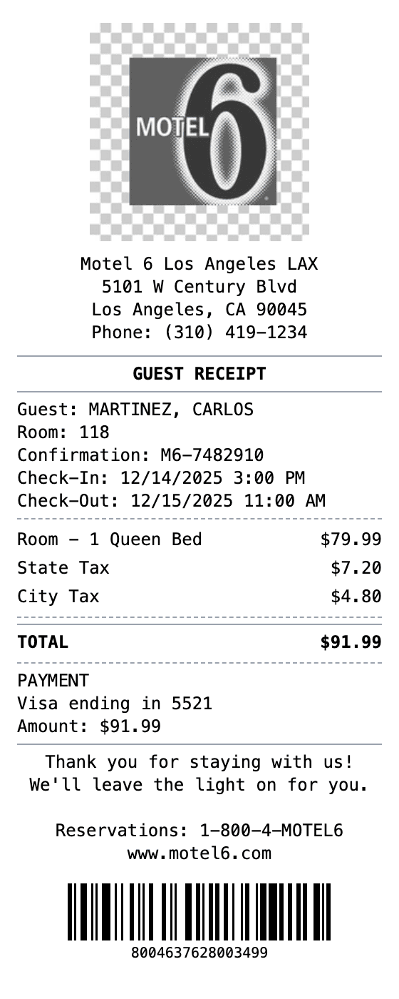 Motel 6 Receipt receipt example showing motel6 format with itemized list, totals, and payment details