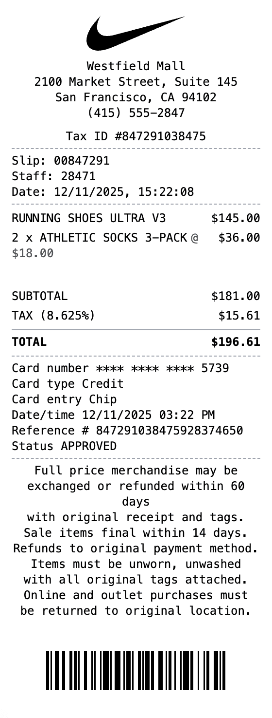 Nike Receipt receipt example showing nike format with itemized list, totals, and payment details