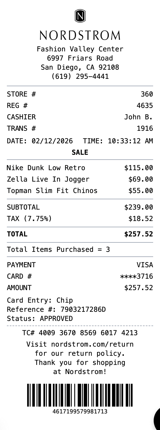 Nordstrom Receipt receipt example showing nordstrom format with itemized list, totals, and payment details