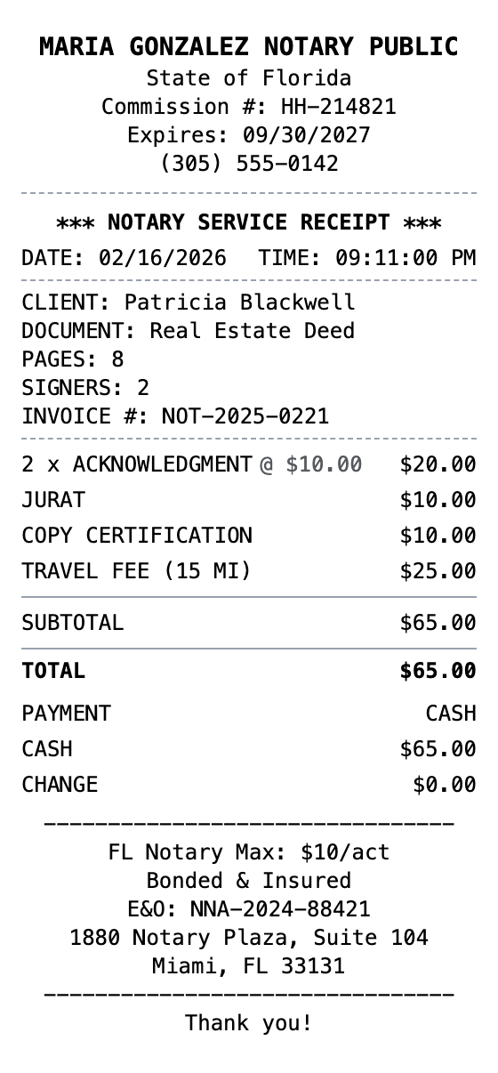 Notary Receipt receipt example showing notary format with itemized list, totals, and payment details