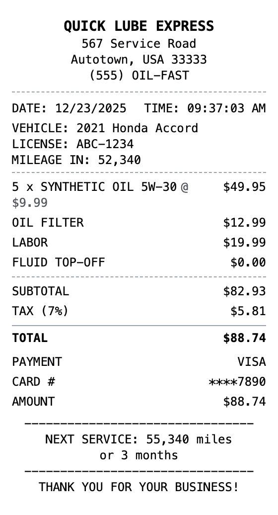 Oil Change Receipt