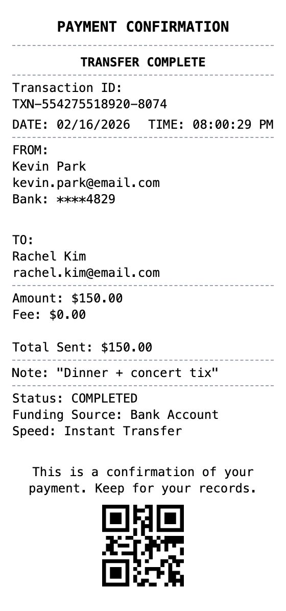 P2P Payment Receipt receipt example showing p2p-payment format with itemized list, totals, and payment details