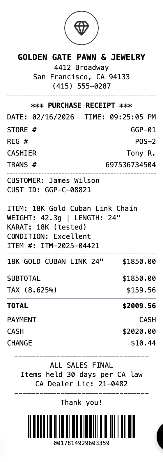 Pawn Shop Receipt receipt example showing pawn-shop format with itemized list, totals, and payment details