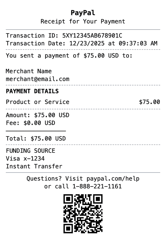 PayPal Receipt receipt example showing paypal format with itemized list, totals, and payment details
