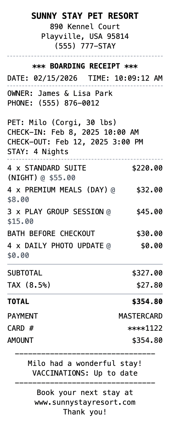 Pet Boarding Receipt receipt example showing pet-boarding format with itemized list, totals, and payment details