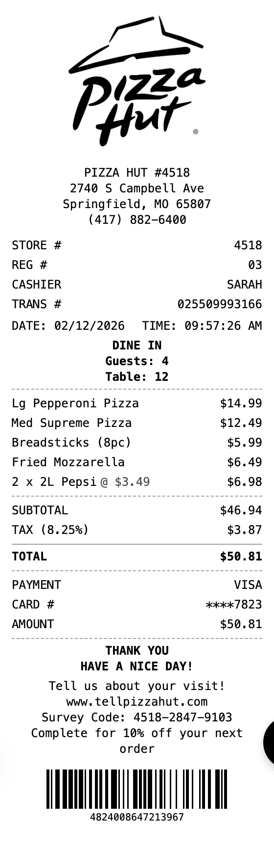 Pizza Hut Receipt receipt example showing pizzahut format with itemized list, totals, and payment details
