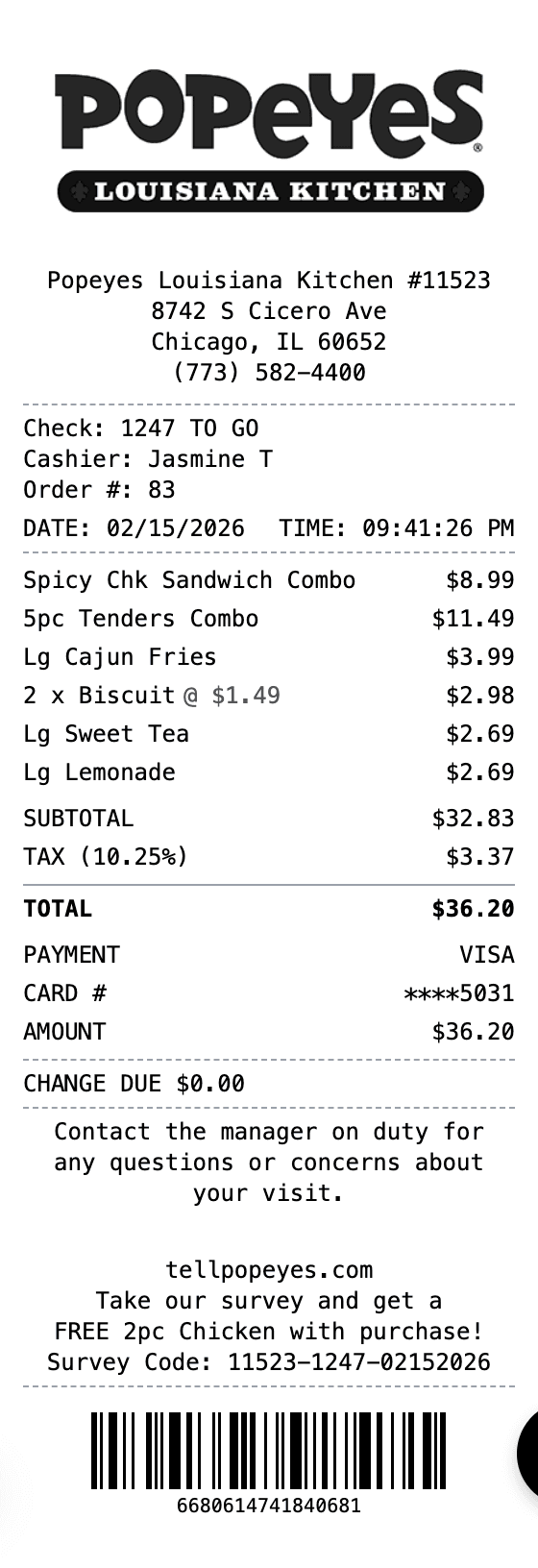Popeyes Receipt receipt example showing popeyes format with itemized list, totals, and payment details