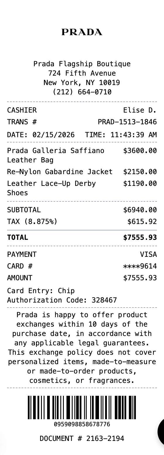 Prada Receipt receipt example showing prada format with itemized list, totals, and payment details