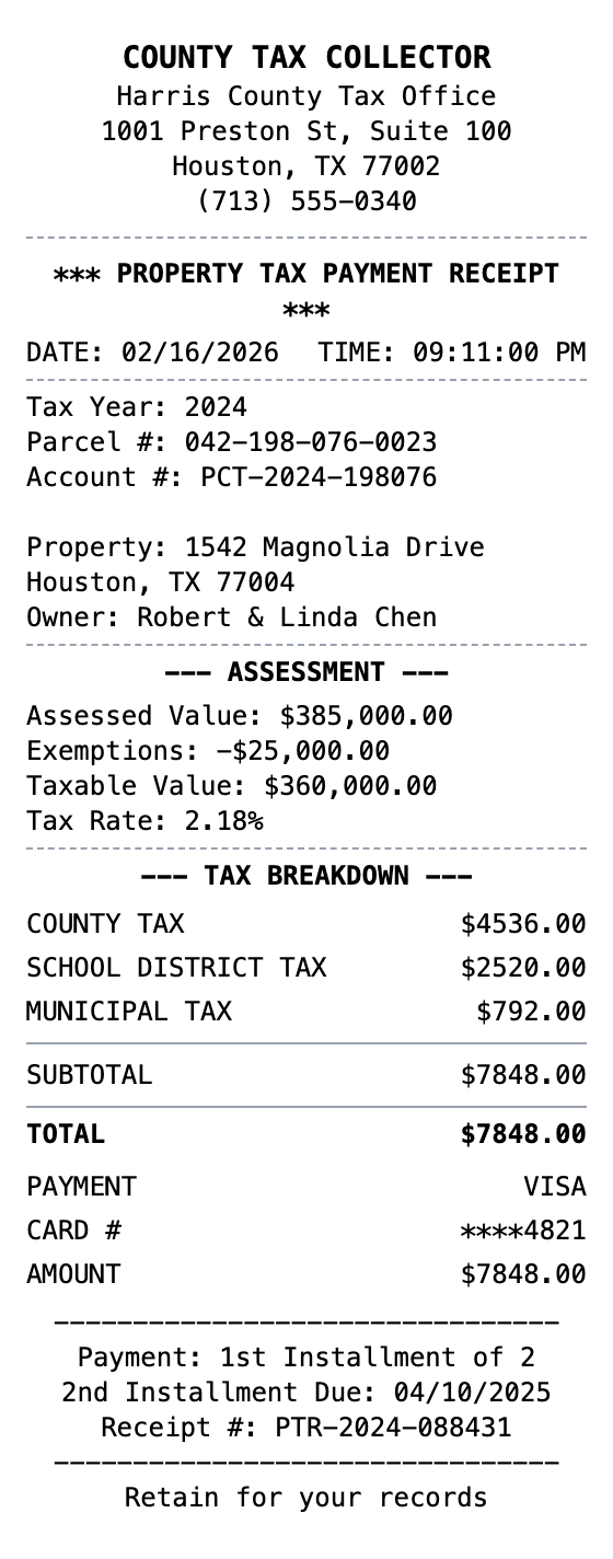 Property Tax Receipt receipt example showing property-tax format with itemized list, totals, and payment details