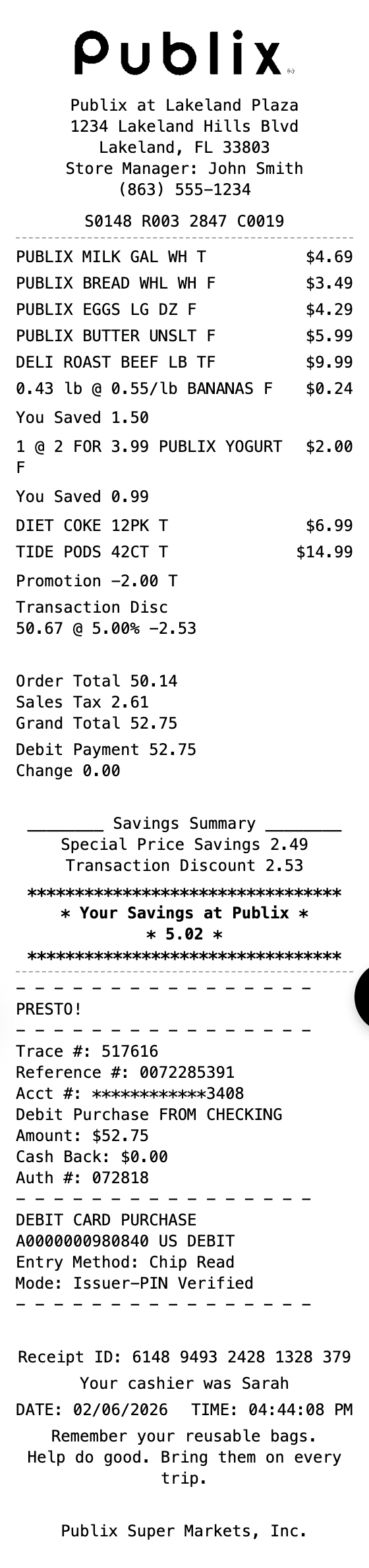 Publix Receipt receipt example showing publix format with itemized list, totals, and payment details