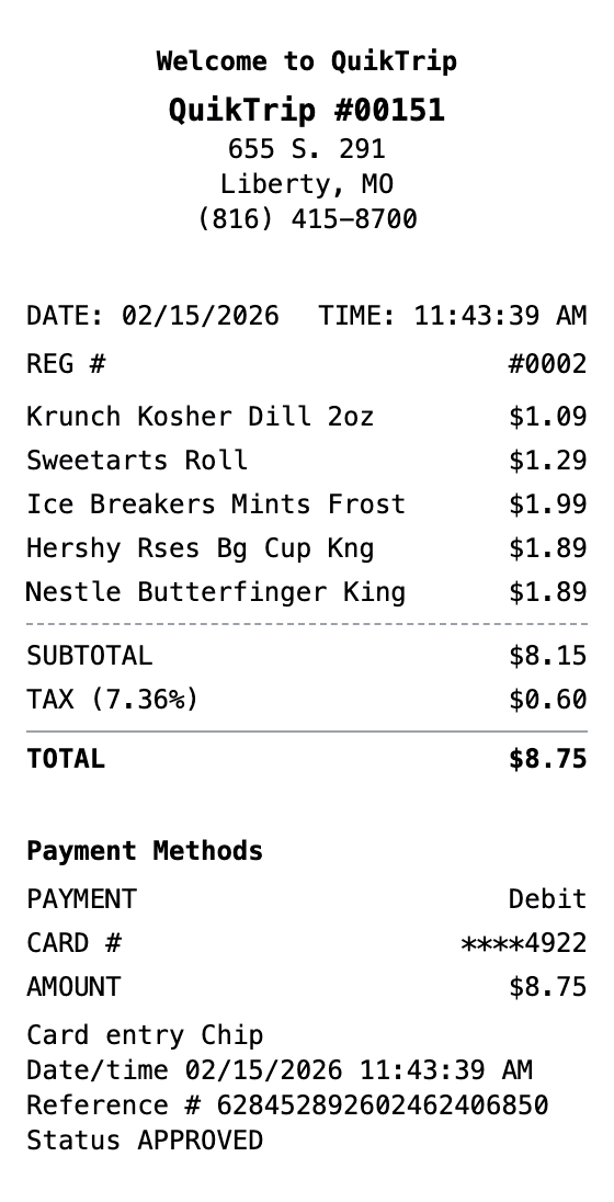 QuikTrip Receipt receipt example showing quiktrip format with itemized list, totals, and payment details