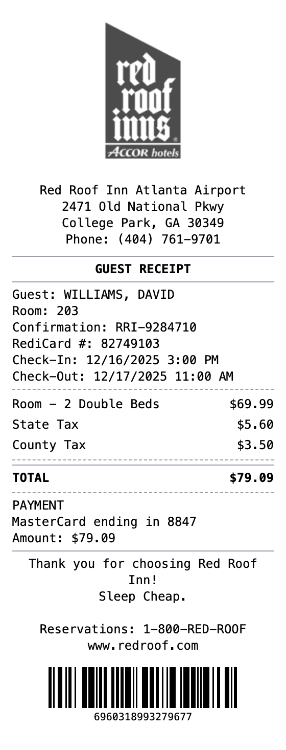 Red Roof Inn Receipt receipt example showing redroof format with itemized list, totals, and payment details