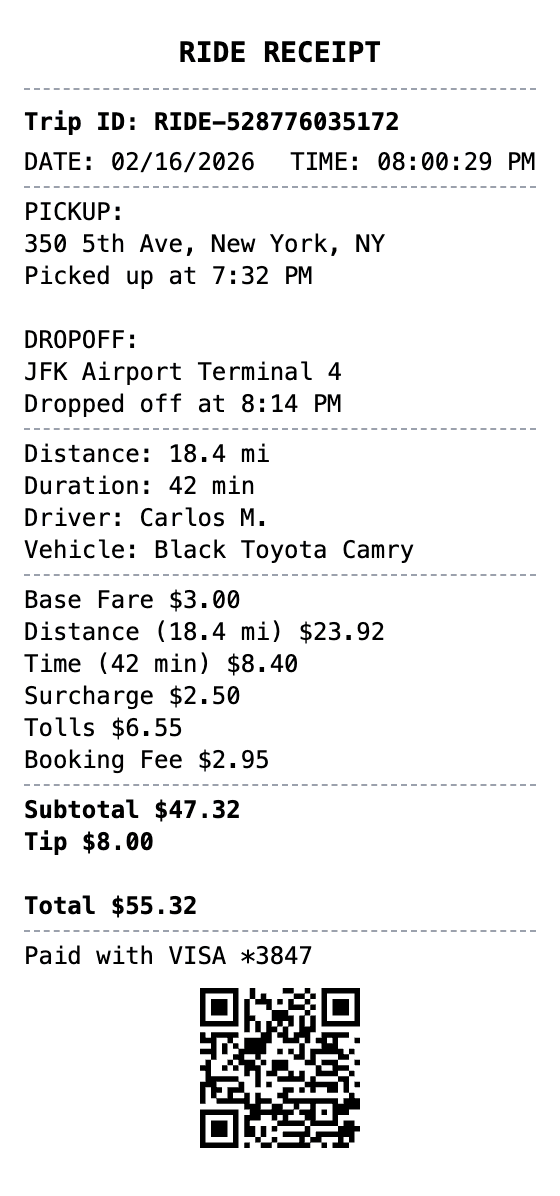 Rideshare Receipt receipt example showing rideshare format with itemized list, totals, and payment details