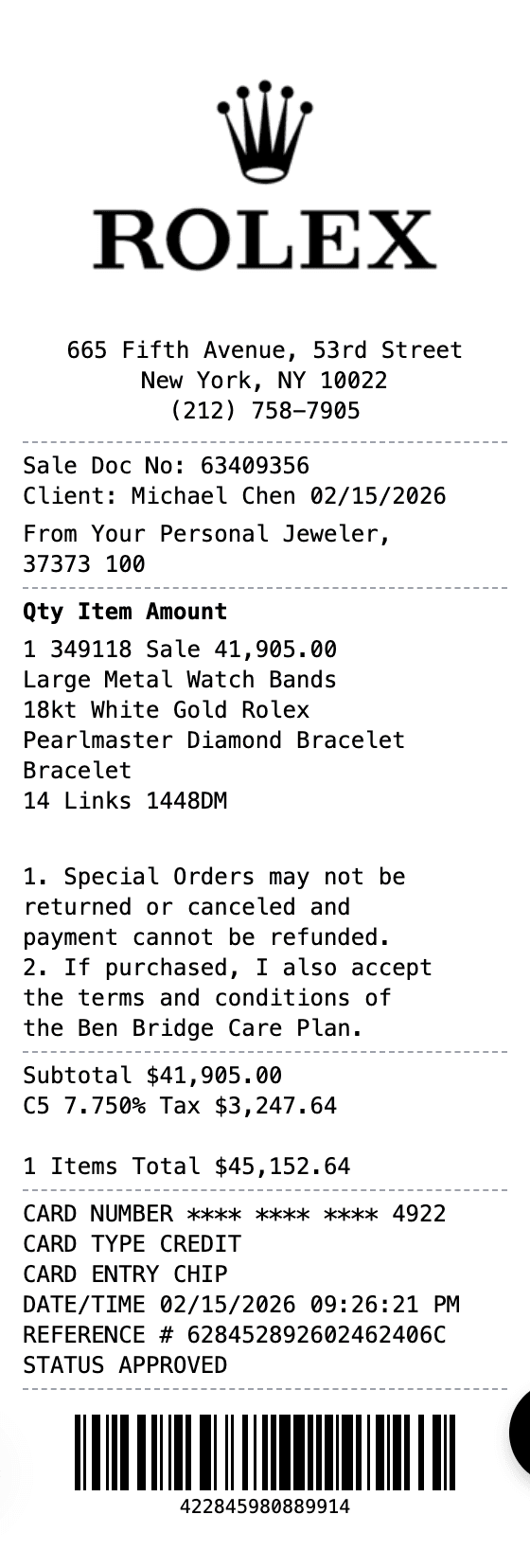 Rolex Receipt receipt example showing rolex format with itemized list, totals, and payment details