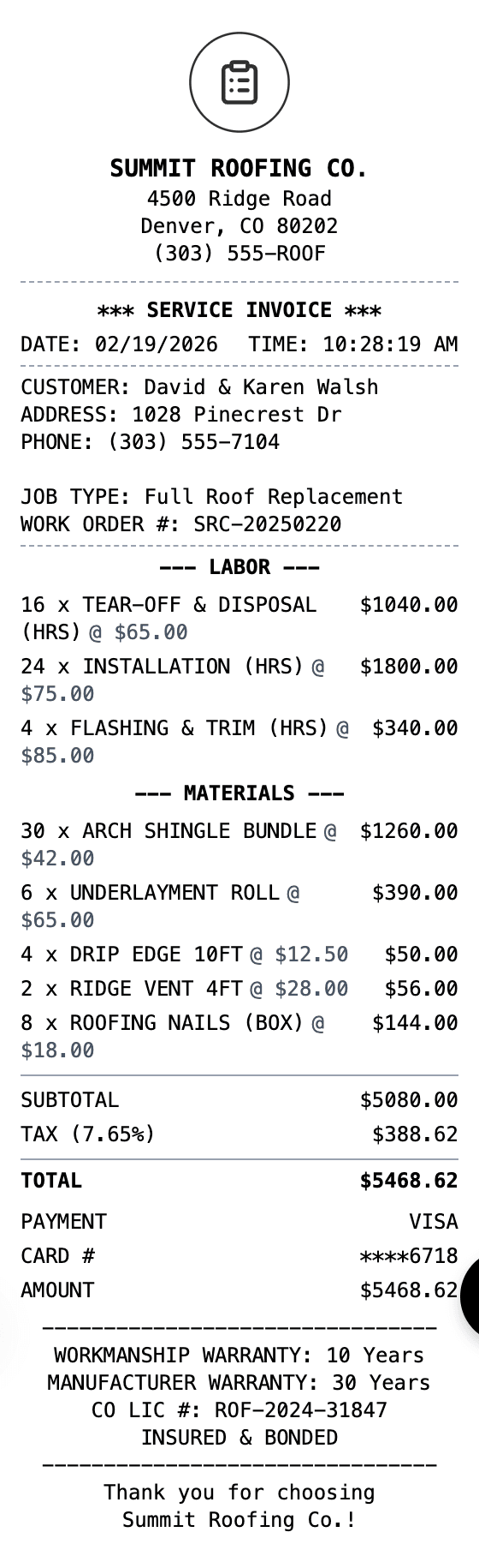 Roofing Receipt receipt example showing roofing format with itemized list, totals, and payment details