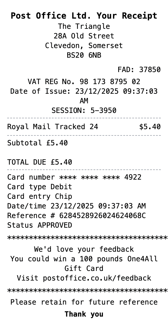 Royal Mail Post Office Receipt receipt example showing postal format with itemized list, totals, and payment details