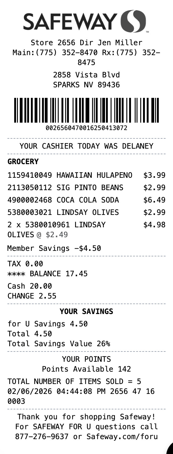 Safeway Receipt receipt example showing grocery format with itemized list, totals, and payment details