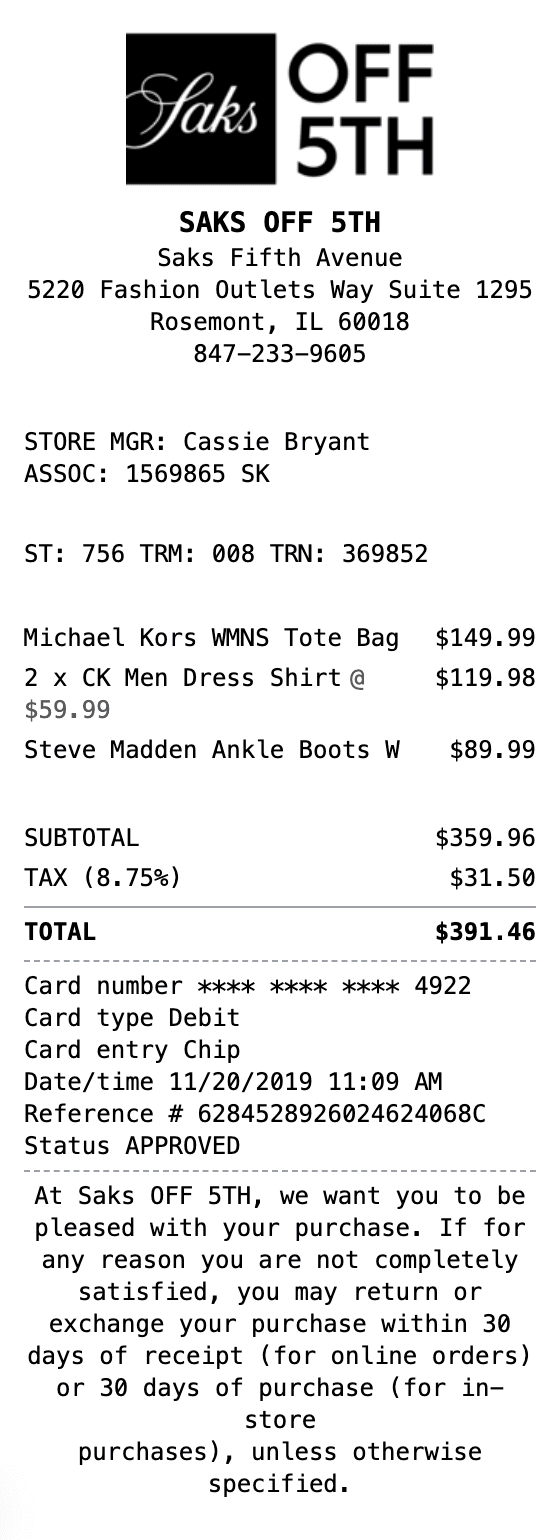 Saks OFF 5TH Receipt receipt example showing saks format with itemized list, totals, and payment details