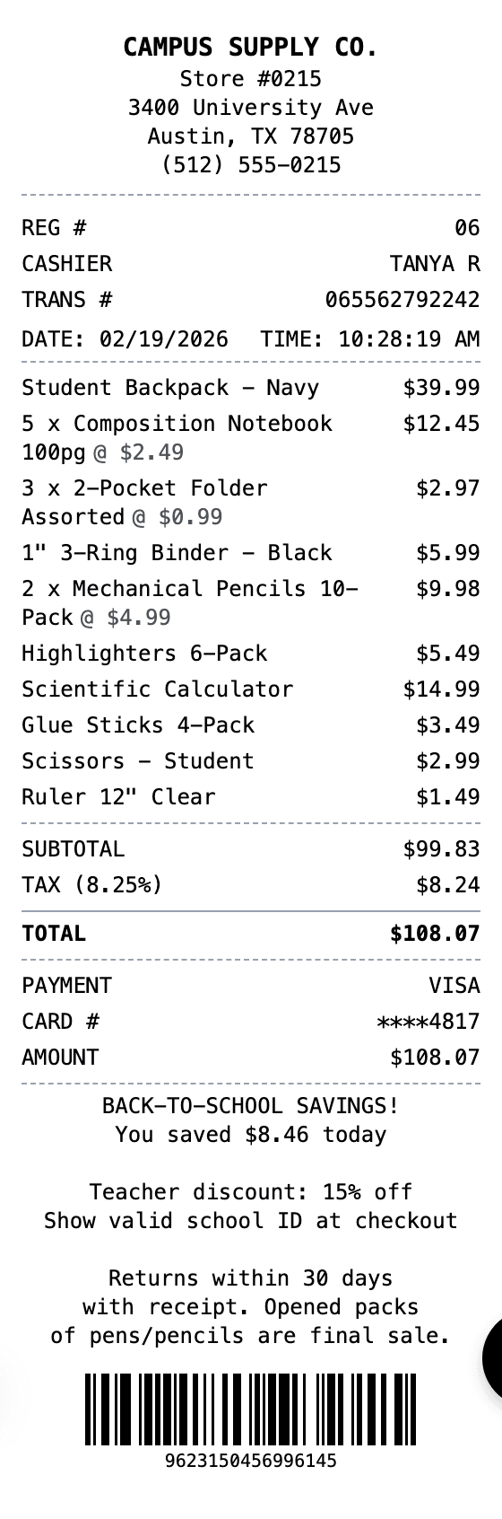 School Supplies Receipt receipt example showing school-supplies format with itemized list, totals, and payment details