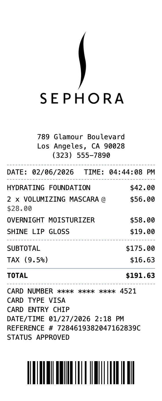 Sephora Receipt receipt example showing sephora format with itemized list, totals, and payment details