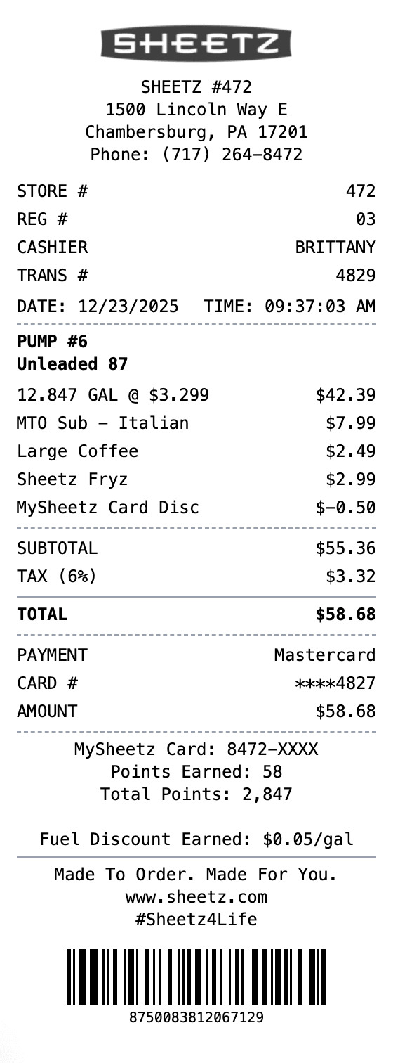 Sheetz Receipt receipt example showing sheetz format with itemized list, totals, and payment details