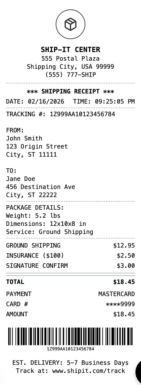Shipping Receipt receipt example showing shipping format with itemized list, totals, and payment details