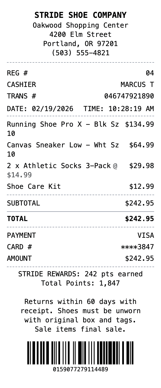 Shoes Receipt receipt example showing shoes format with itemized list, totals, and payment details