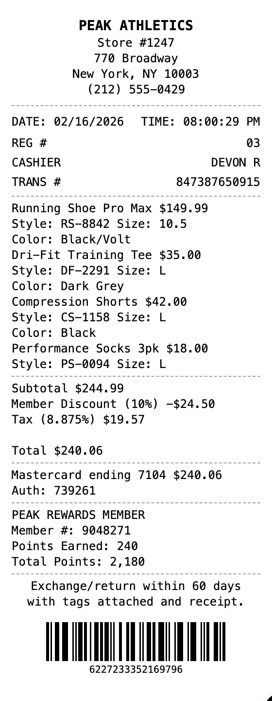 Sportswear Store Receipt receipt example showing sportswear format with itemized list, totals, and payment details